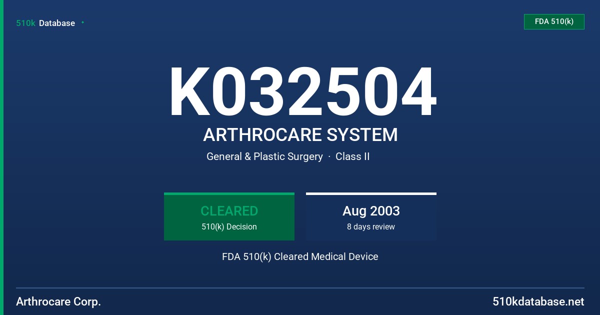 K032504 ARTHROCARE SYSTEM FDA 510(k) Cleared Medical Device