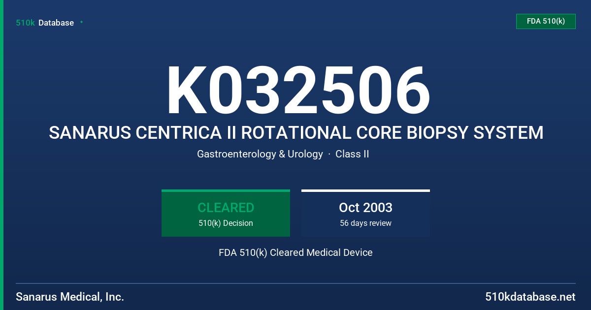 K032506 SANARUS CENTRICA II ROTATIONAL CORE BIOPSY SYSTEM FDA 510(k) Cleared Medical Device