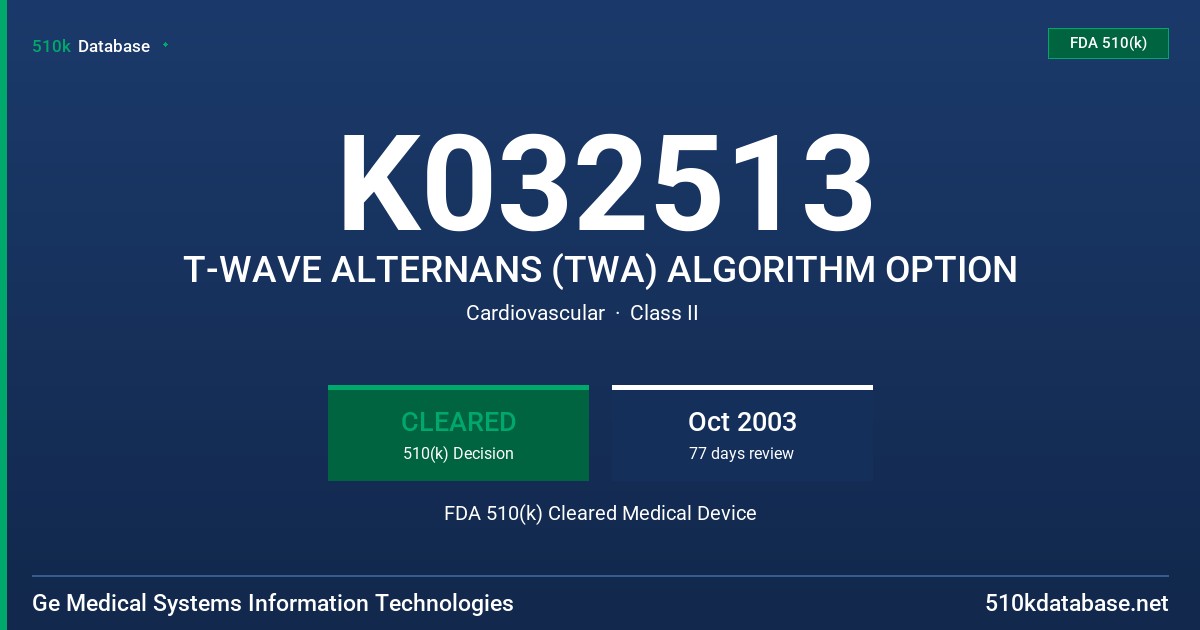K032513 T-WAVE ALTERNANS (TWA) ALGORITHM OPTION FDA 510(k) Cleared Medical Device