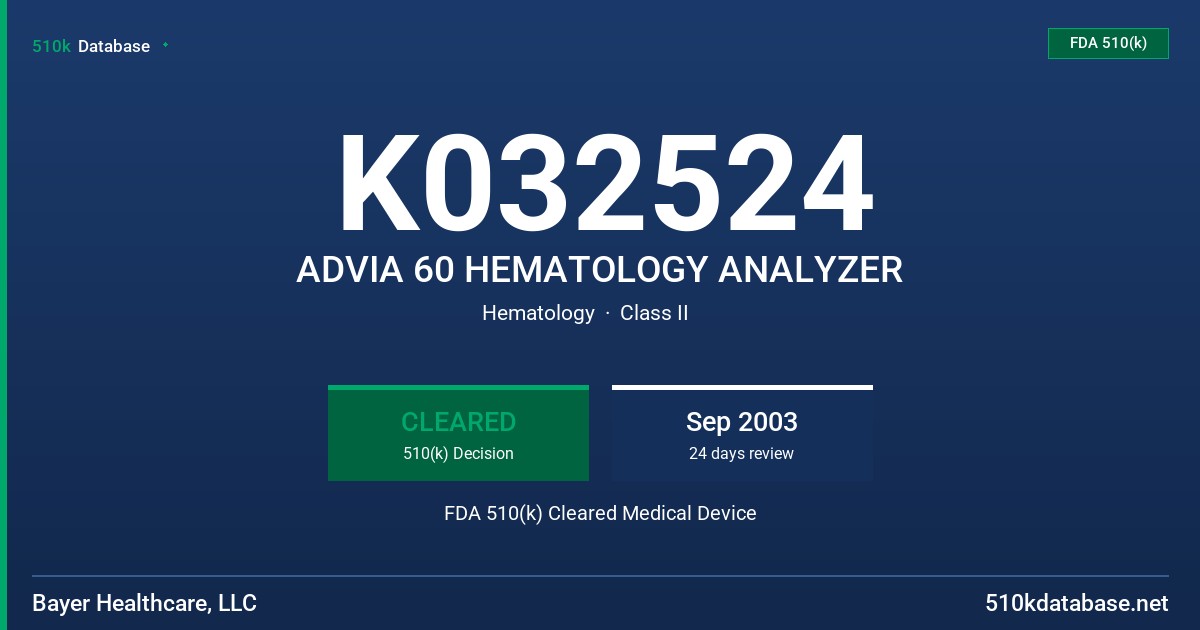 K032524 ADVIA 60 HEMATOLOGY ANALYZER FDA 510(k) Cleared Medical Device