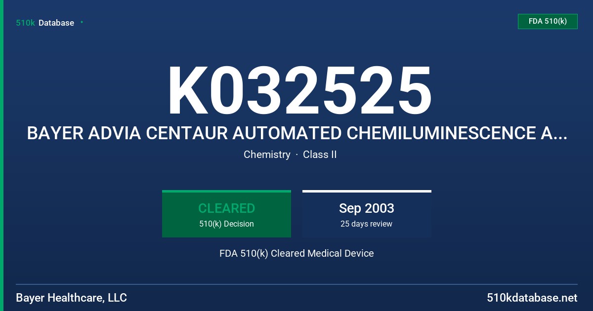 K032525 BAYER ADVIA CENTAUR AUTOMATED CHEMILUMINESCENCE ANALYZER FDA 510(k) Cleared Medical Device