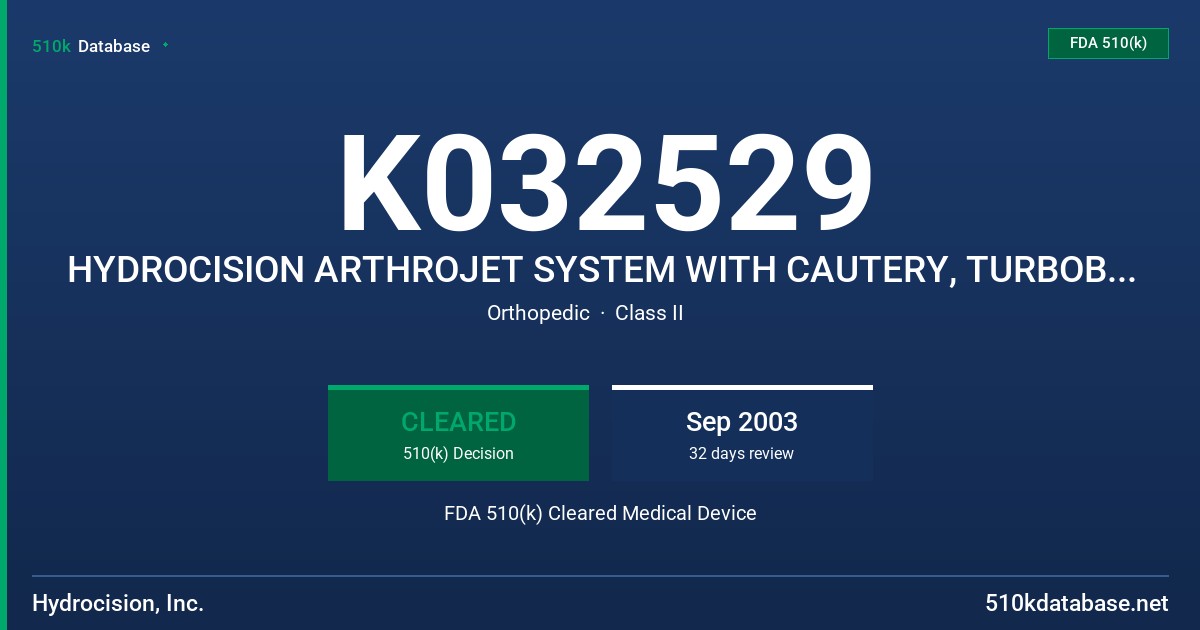 K032529 HYDROCISION ARTHROJET SYSTEM WITH CAUTERY, TURBOBURR AND CURETTE, MODELS 51300, 51310 FDA 510(k) Cleared Medical Device