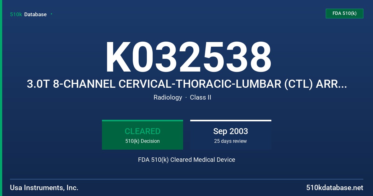 K032538 3.0T 8-CHANNEL CERVICAL-THORACIC-LUMBAR (CTL) ARRAY COIL FDA 510(k) Cleared Medical Device