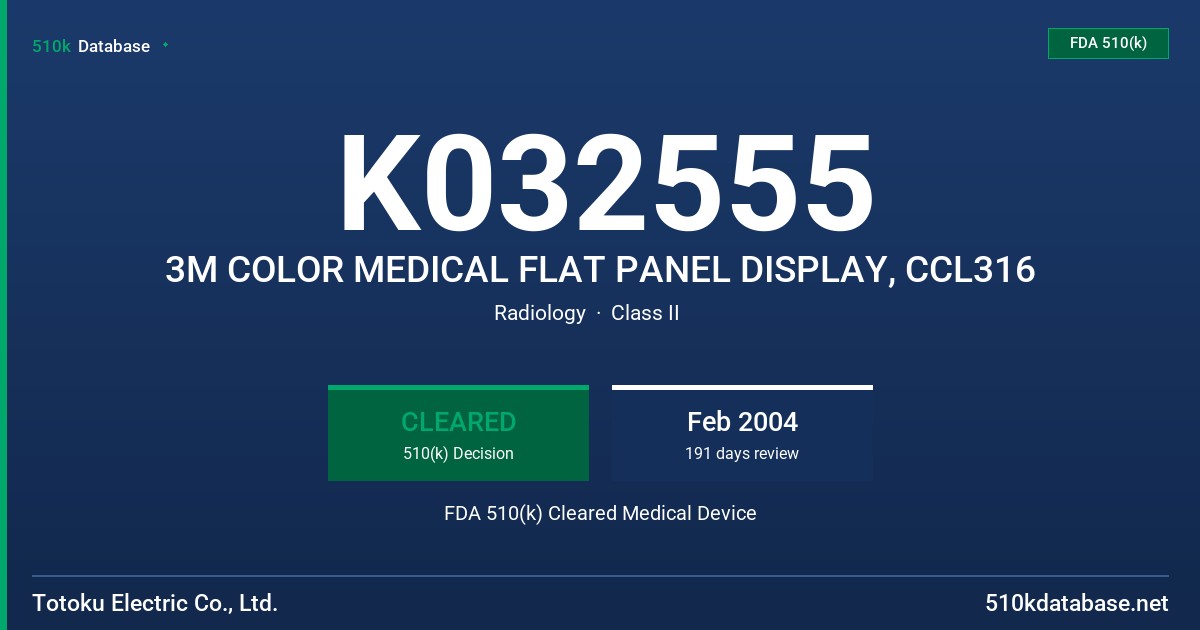 K032555 3M COLOR MEDICAL FLAT PANEL DISPLAY, CCL316 FDA 510(k) Cleared Medical Device
