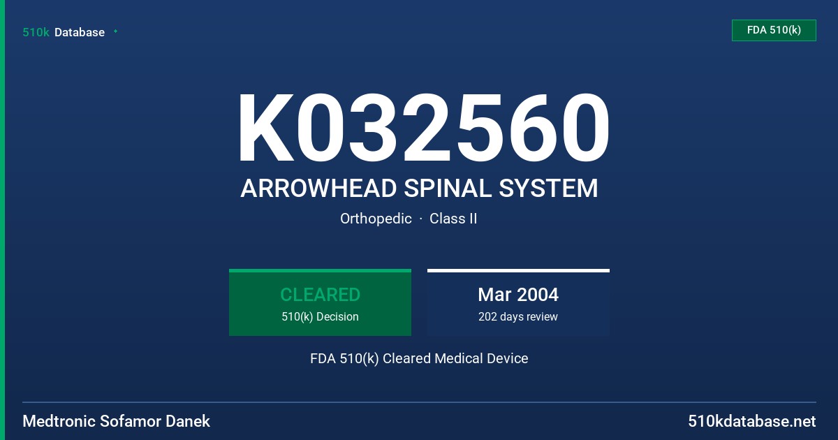 K032560 ARROWHEAD SPINAL SYSTEM FDA 510(k) Cleared Medical Device