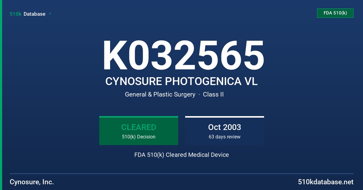 K032565 CYNOSURE PHOTOGENICA VL FDA 510(k) Cleared Medical Device