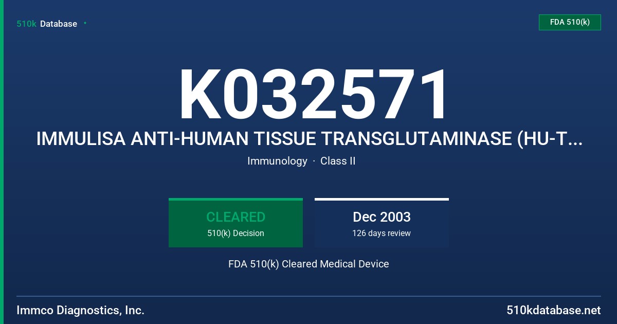 K032571 IMMULISA ANTI-HUMAN TISSUE TRANSGLUTAMINASE (HU-TTG) ANTIBODY IGA ELISA FDA 510(k) Cleared Medical Device