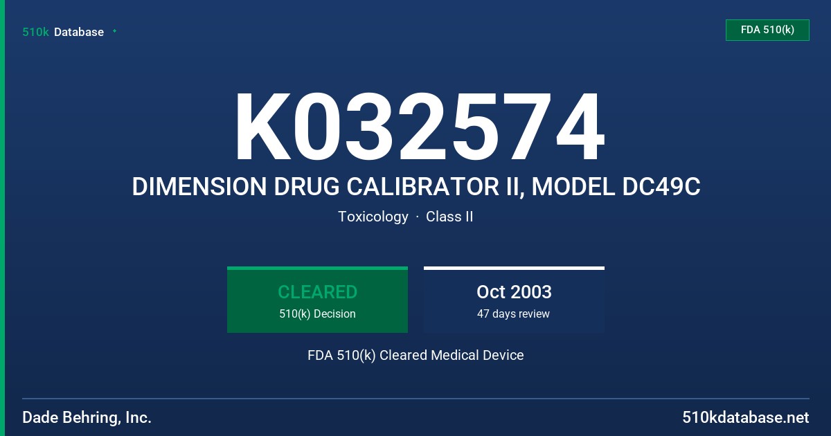 K032574 DIMENSION DRUG CALIBRATOR II, MODEL DC49C FDA 510(k) Cleared Medical Device