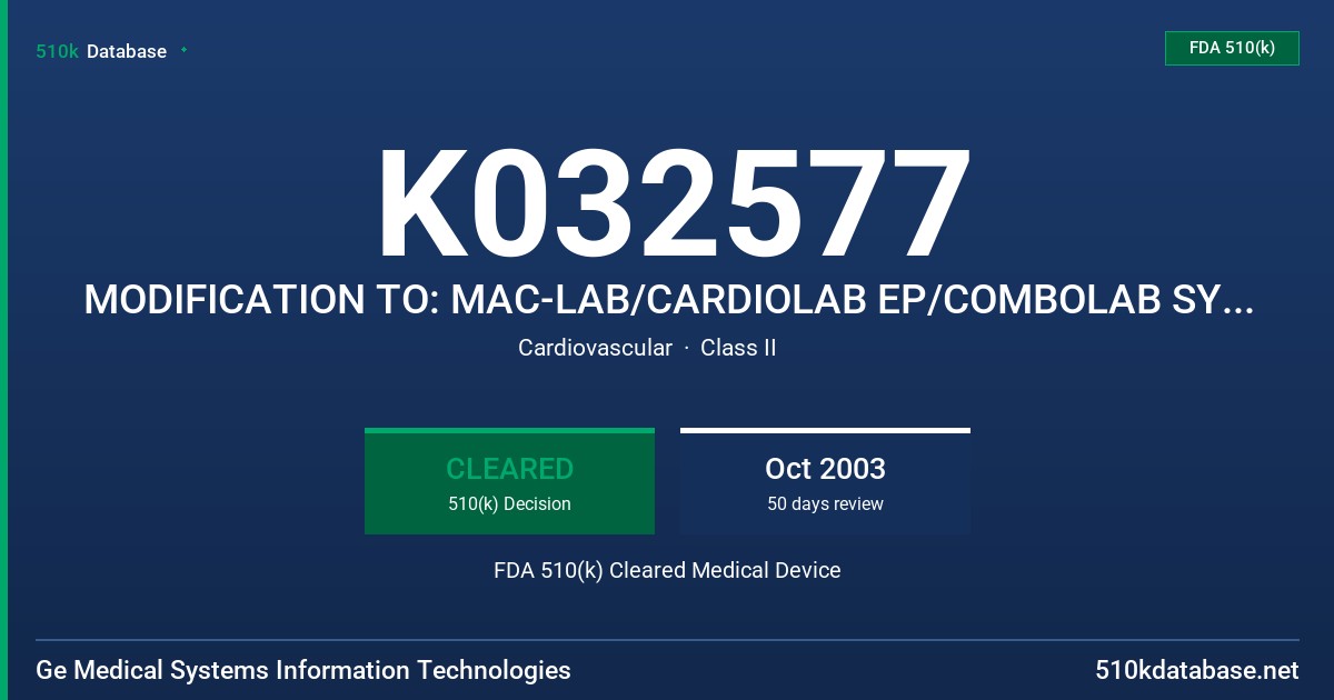 K032577 MODIFICATION TO: MAC-LAB/CARDIOLAB EP/COMBOLAB SYSTEM FDA 510(k) Cleared Medical Device