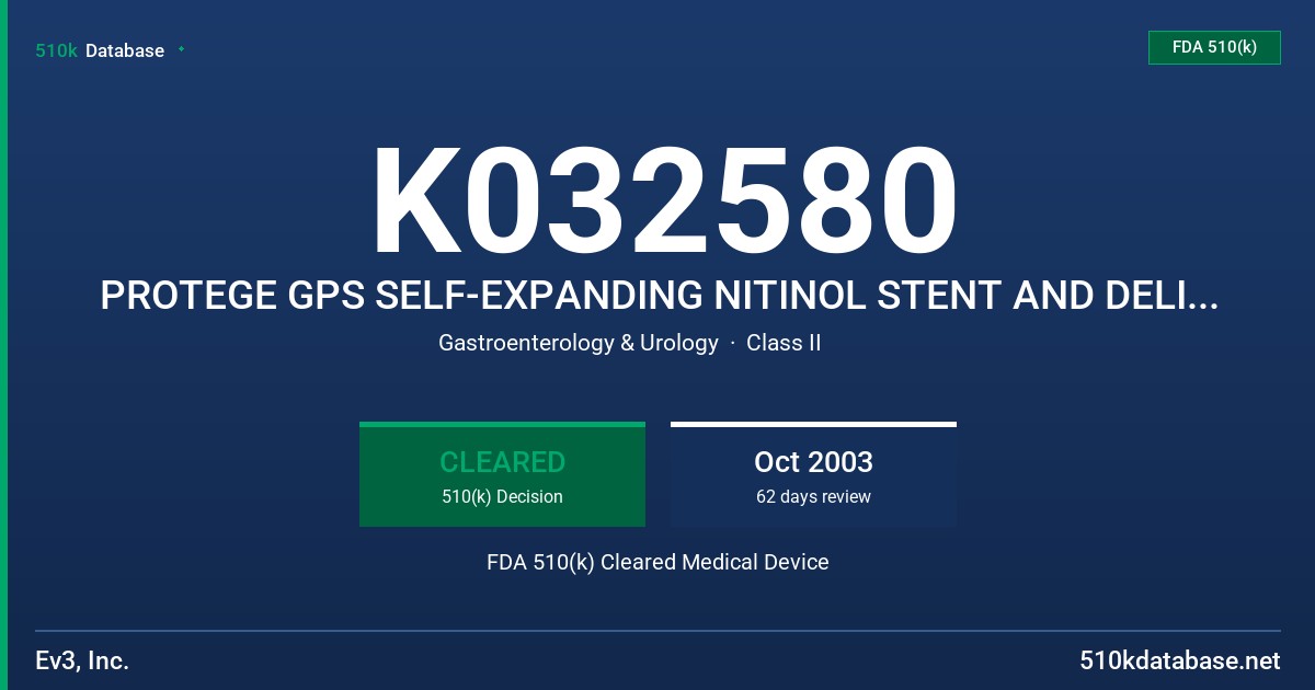 K032580 PROTEGE GPS SELF-EXPANDING NITINOL STENT AND DELIVERY SYSTEM FDA 510(k) Cleared Medical Device