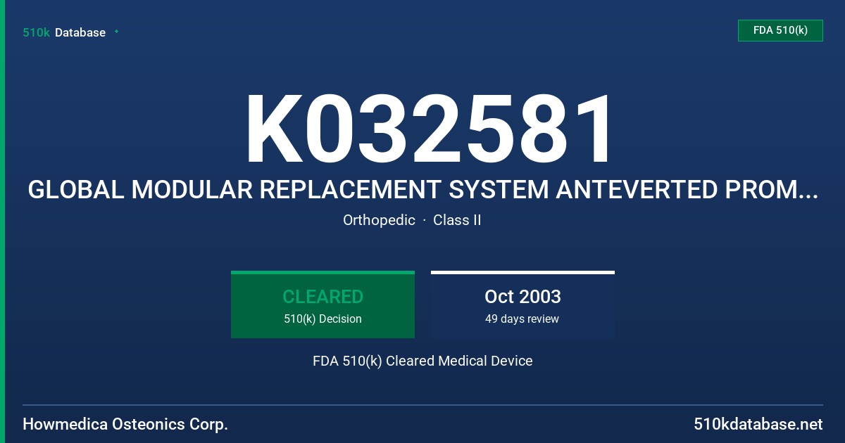 K032581 GLOBAL MODULAR REPLACEMENT SYSTEM ANTEVERTED PROMIMAL FEMORAL COMPONENT FDA 510(k) Cleared Medical Device