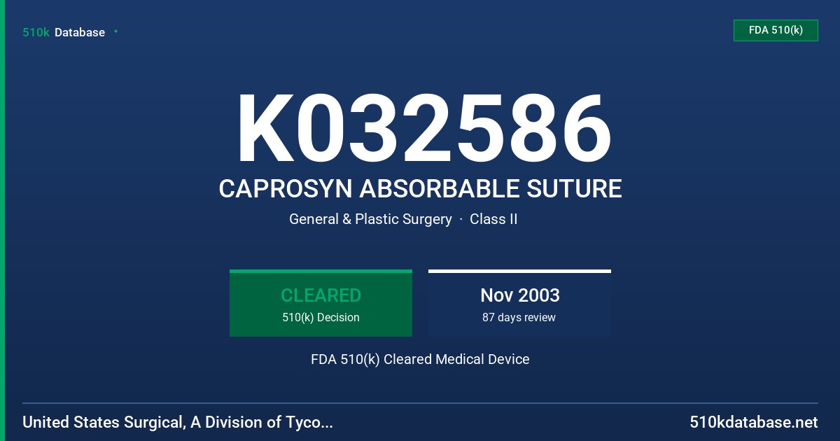 K032586 CAPROSYN ABSORBABLE SUTURE FDA 510(k) Cleared Medical Device