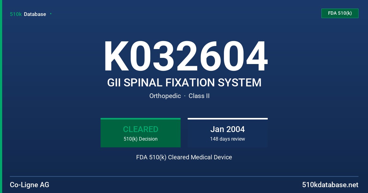 K032604 GII SPINAL FIXATION SYSTEM FDA 510(k) Cleared Medical Device