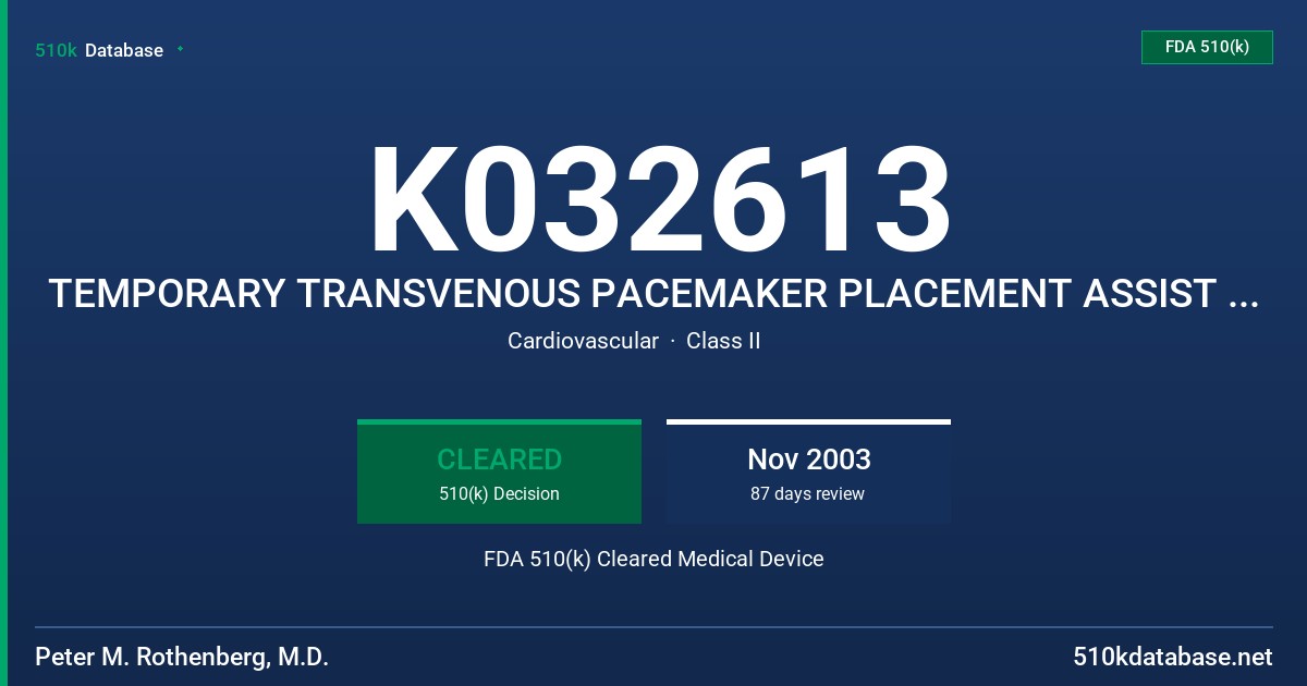 K032613 TEMPORARY TRANSVENOUS PACEMAKER PLACEMENT ASSIST DEVICE FDA 510(k) Cleared Medical Device