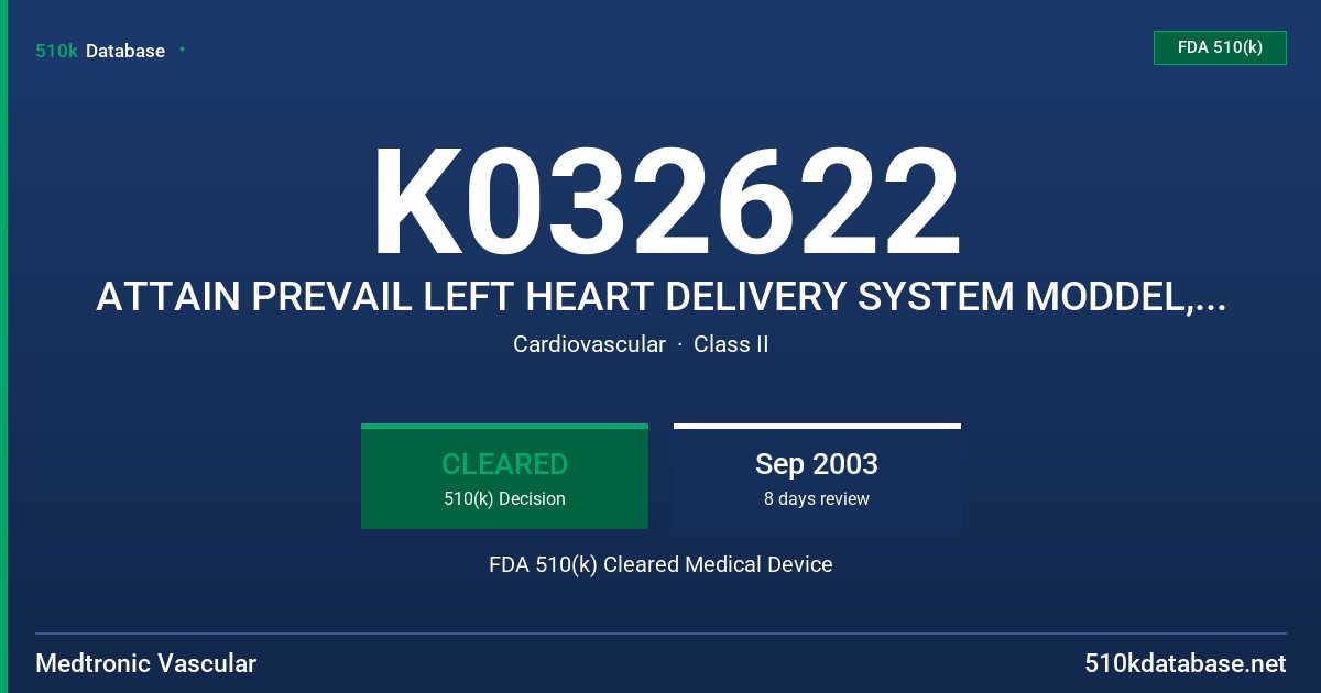 K032622 ATTAIN PREVAIL LEFT HEART DELIVERY SYSTEM MODDEL, 6228SYS FDA 510(k) Cleared Medical Device