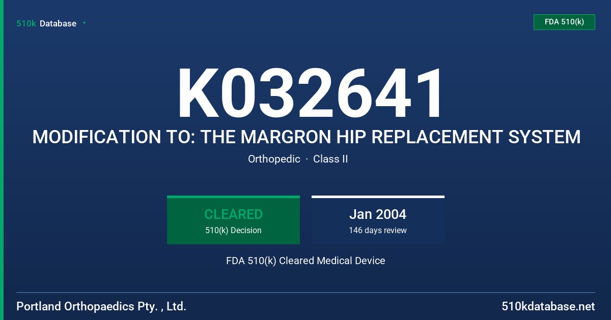 K032641 MODIFICATION TO: THE MARGRON HIP REPLACEMENT SYSTEM FDA 510(k) Cleared Medical Device