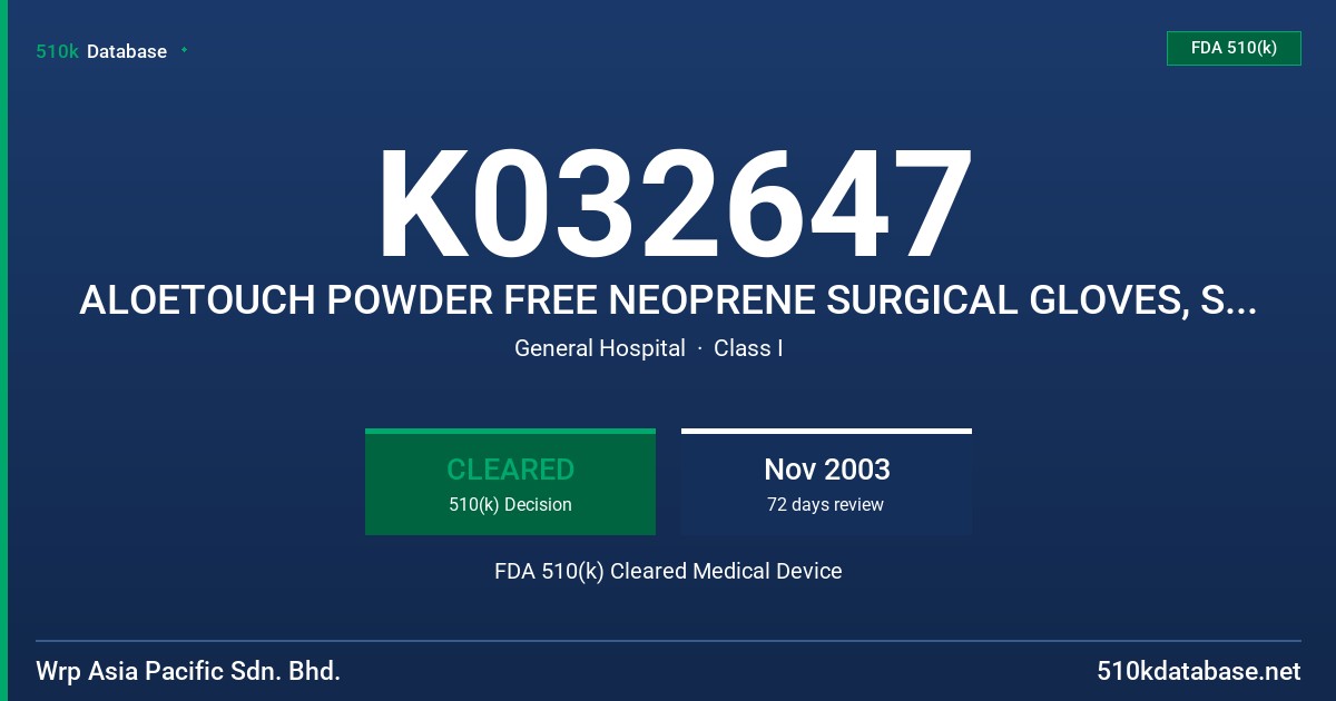 K032647 ALOETOUCH POWDER FREE NEOPRENE SURGICAL GLOVES, STERILE, TURQUOISE COLOUR AND COATED WITH ALOE VERA FDA 510(k) Cleared Medical Device