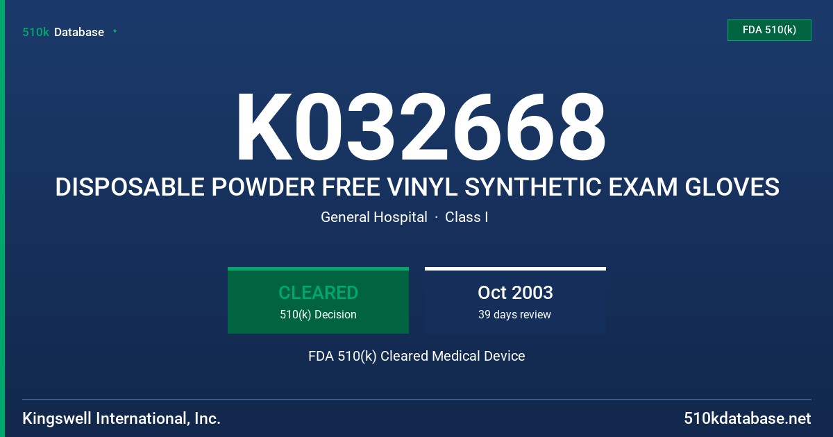 K032668 DISPOSABLE POWDER FREE VINYL SYNTHETIC EXAM GLOVES FDA 510(k) Cleared Medical Device