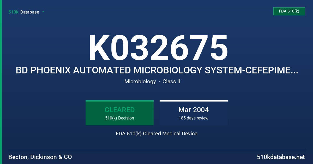 K032675 BD PHOENIX AUTOMATED MICROBIOLOGY SYSTEM-CEFEPIME (GN) 0.5-65 UG/ML FDA 510(k) Cleared Medical Device