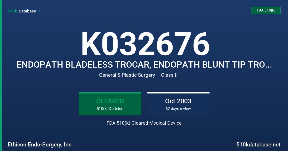 K032676 ENDOPATH BLADELESS TROCAR, ENDOPATH BLUNT TIP TROCAR, ENDOPATH DILATING TIP TROCAR FDA 510(k) Cleared Medical Device