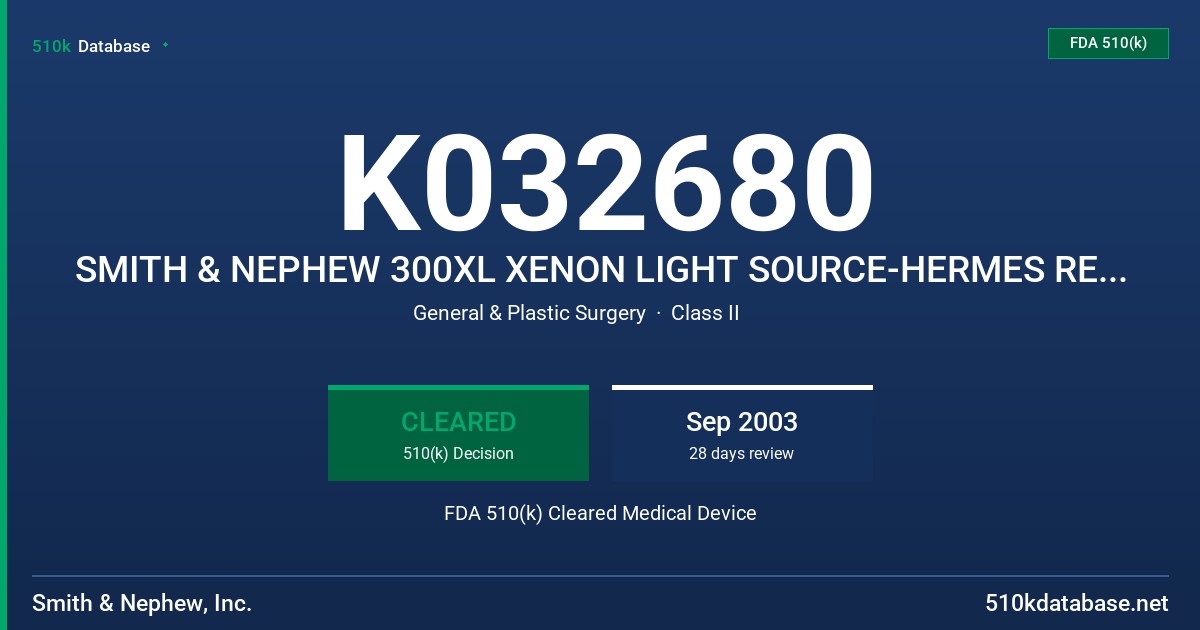 K032680 SMITH & NEPHEW 300XL XENON LIGHT SOURCE-HERMES READY MODEL, 7210045 FDA 510(k) Cleared Medical Device