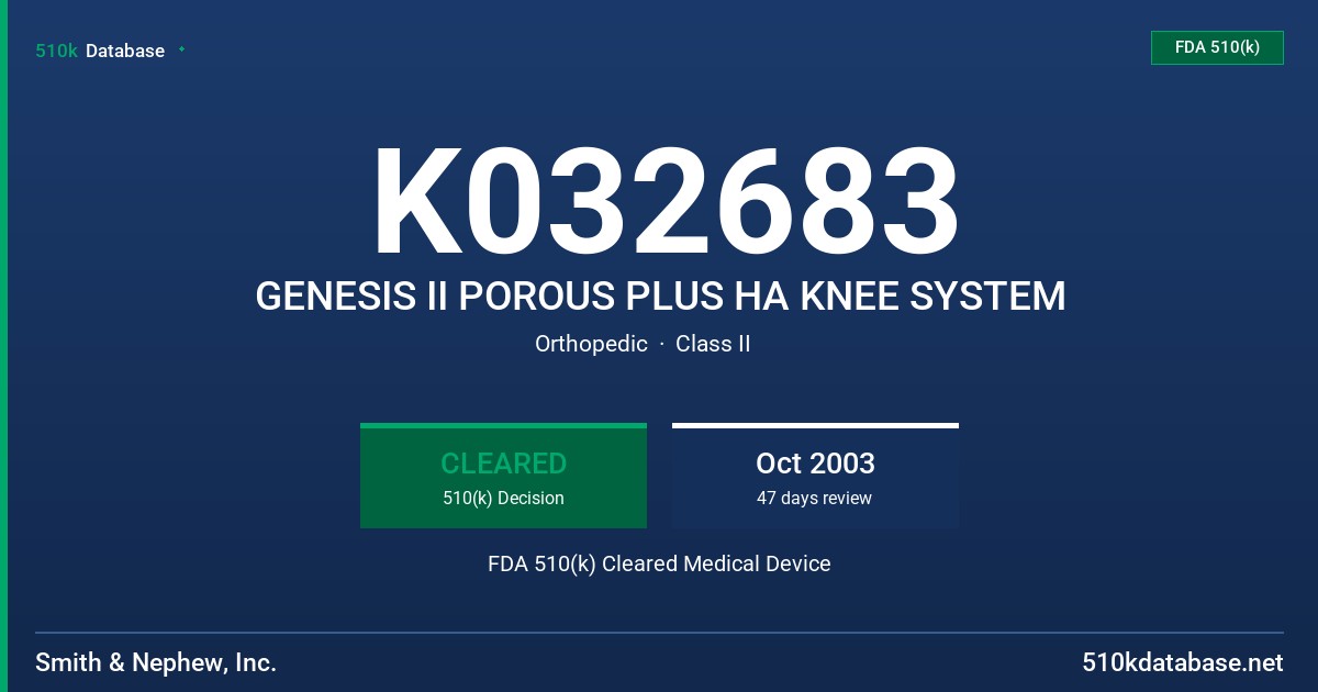 K032683 GENESIS II POROUS PLUS HA KNEE SYSTEM FDA 510(k) Cleared Medical Device
