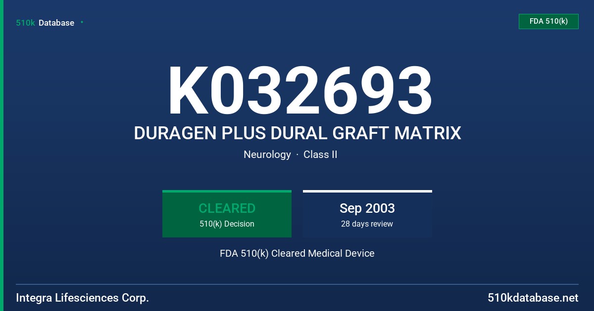 K032693 DURAGEN PLUS DURAL GRAFT MATRIX FDA 510(k) Cleared Medical Device