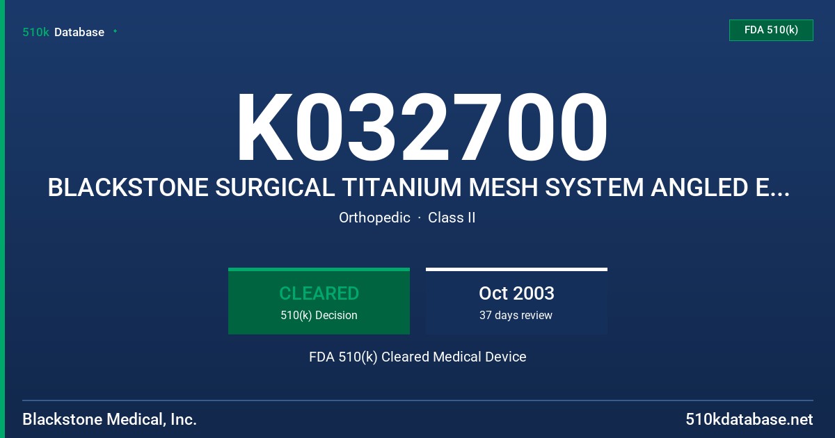 K032700 BLACKSTONE SURGICAL TITANIUM MESH SYSTEM ANGLED END RINGS FDA 510(k) Cleared Medical Device