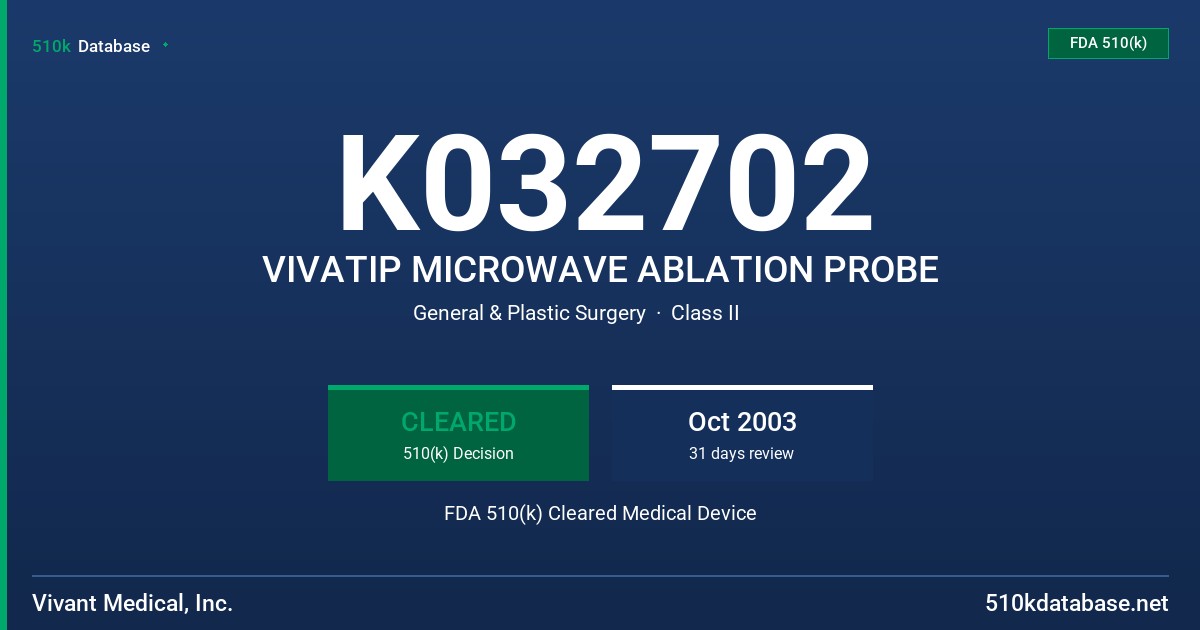 K032702 VIVATIP MICROWAVE ABLATION PROBE FDA 510(k) Cleared Medical Device
