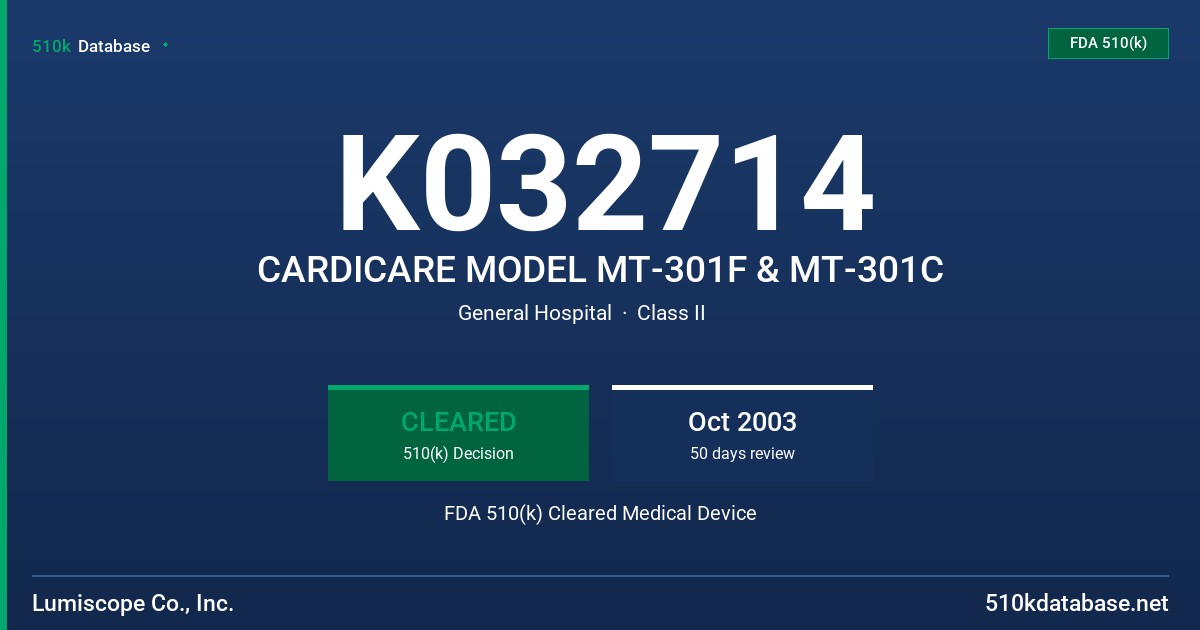 K032714 CARDICARE MODEL MT-301F & MT-301C FDA 510(k) Cleared Medical Device