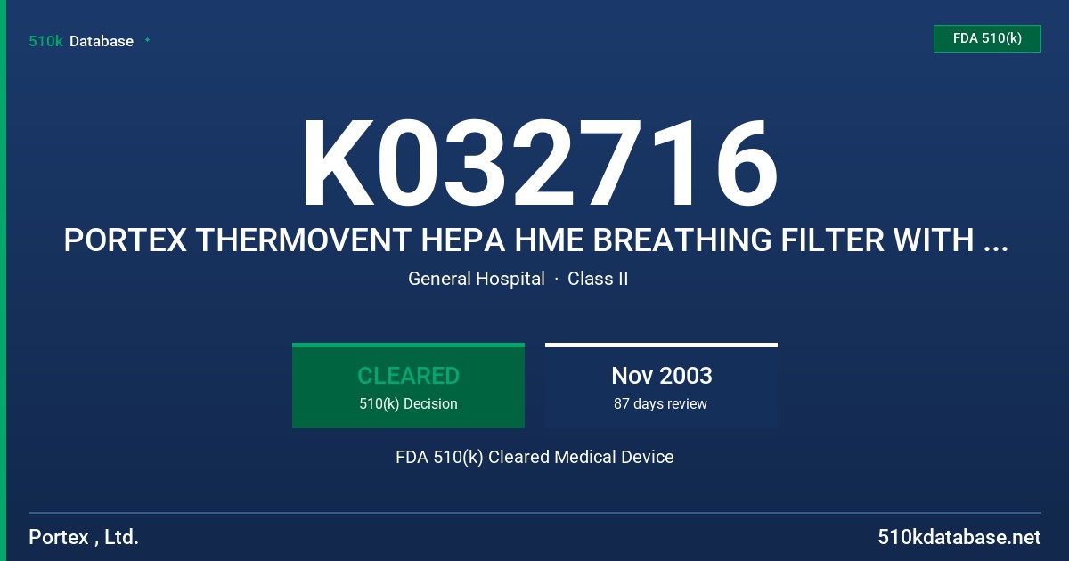 K032716 PORTEX THERMOVENT HEPA HME BREATHING FILTER WITH CO2 PORT (STERILE AND NON-STERILE) FDA 510(k) Cleared Medical Device