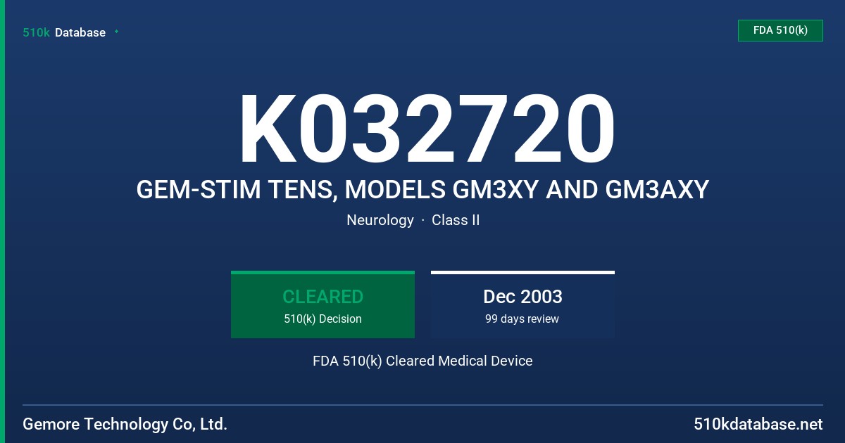 K032720 GEM-STIM TENS, MODELS GM3XY AND GM3AXY FDA 510(k) Cleared Medical Device