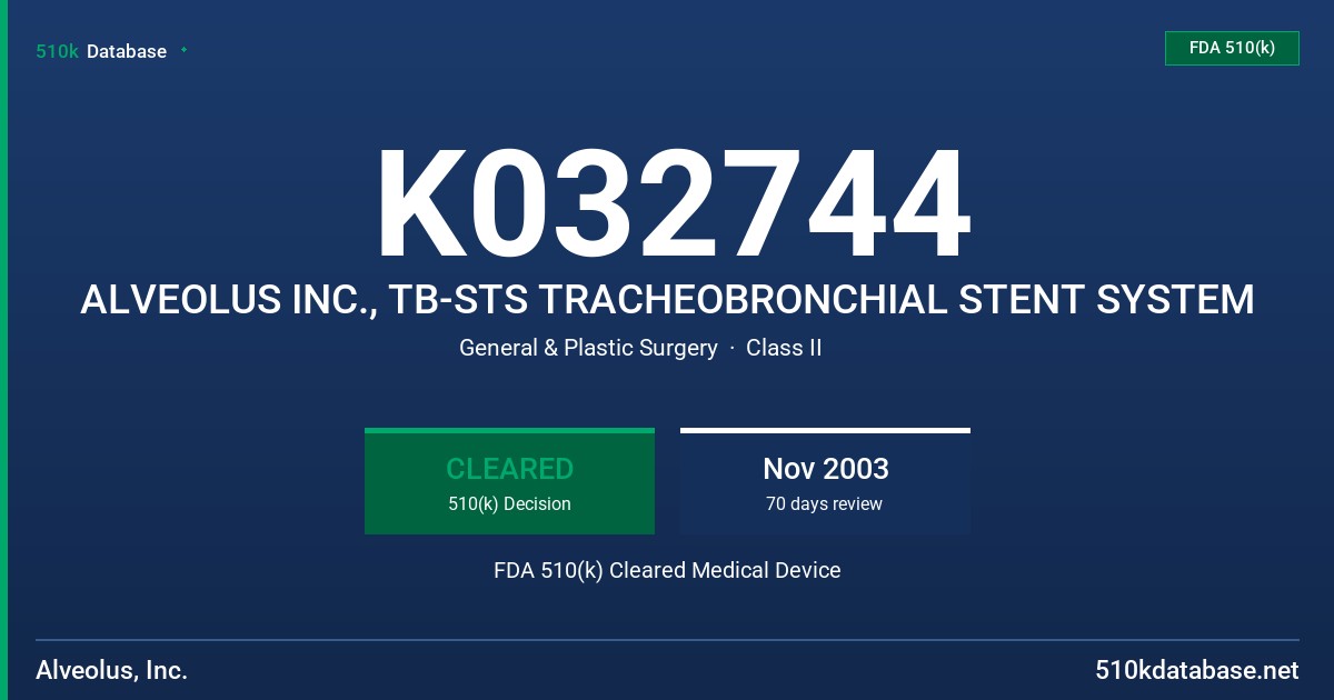 K032744 ALVEOLUS INC., TB-STS TRACHEOBRONCHIAL STENT SYSTEM FDA 510(k) Cleared Medical Device