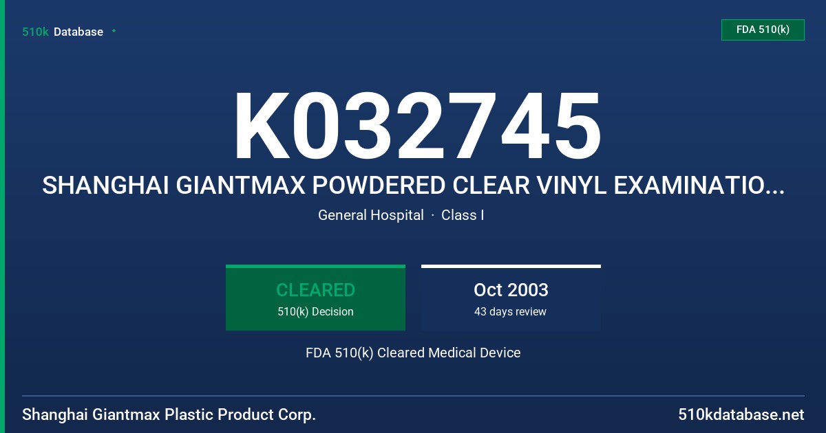 K032745 SHANGHAI GIANTMAX POWDERED CLEAR VINYL EXAMINATION GLOVES FDA 510(k) Cleared Medical Device