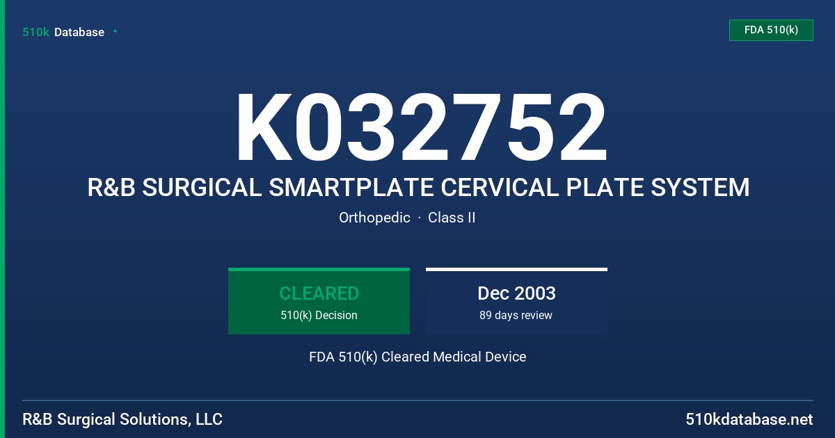 K032752 R&B SURGICAL SMARTPLATE CERVICAL PLATE SYSTEM FDA 510(k) Cleared Medical Device