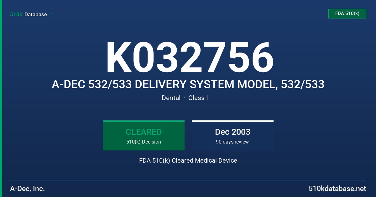 K032756 A-DEC 532/533 DELIVERY SYSTEM MODEL, 532/533 FDA 510(k) Cleared Medical Device