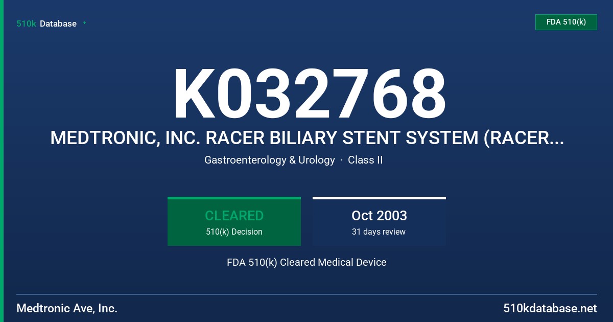 K032768 MEDTRONIC, INC. RACER BILIARY STENT SYSTEM (RACER), MODEL XD#YF(L) FDA 510(k) Cleared Medical Device