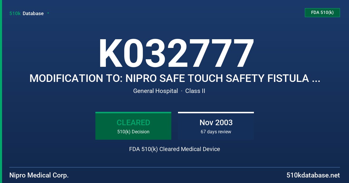 K032777 MODIFICATION TO: NIPRO SAFE TOUCH SAFETY FISTULA NEEDLE FDA 510(k) Cleared Medical Device