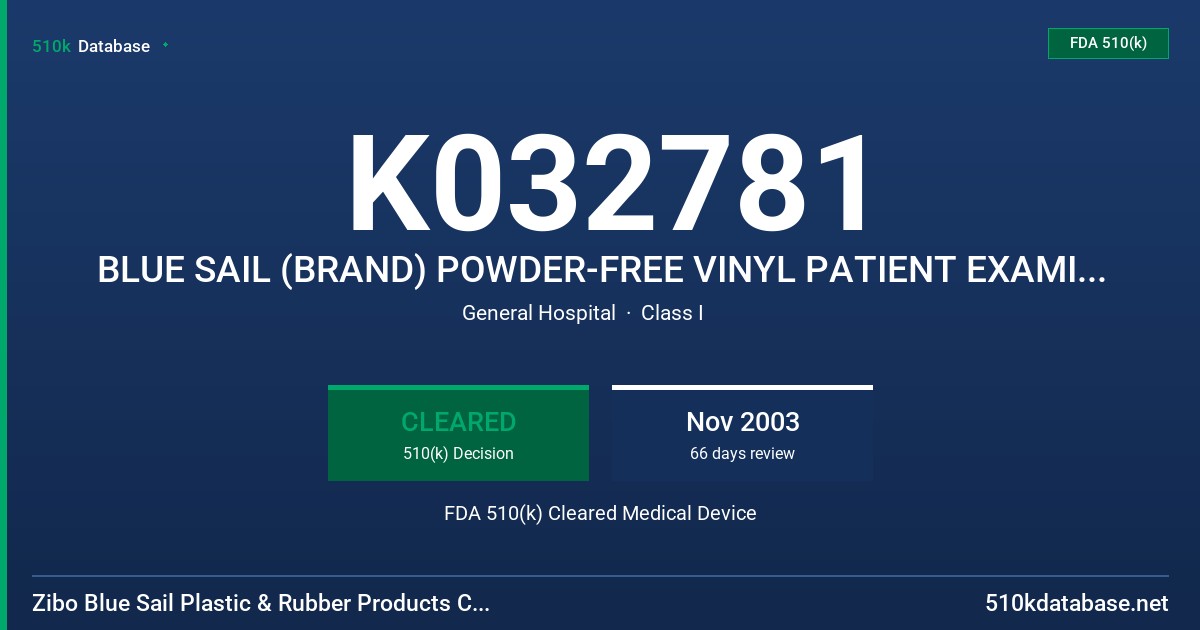 K032781 BLUE SAIL (BRAND) POWDER-FREE VINYL PATIENT EXAMINATION GLOVES FDA 510(k) Cleared Medical Device