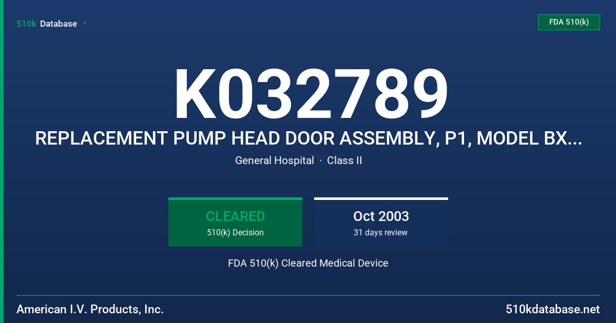K032789 REPLACEMENT PUMP HEAD DOOR ASSEMBLY, P1, MODEL BX10468, REPLACEMENT PUMP HEAD DOOR ASSEMBLY, P2, MODEL BX10469 FDA 510(k) Cleared Medical Device