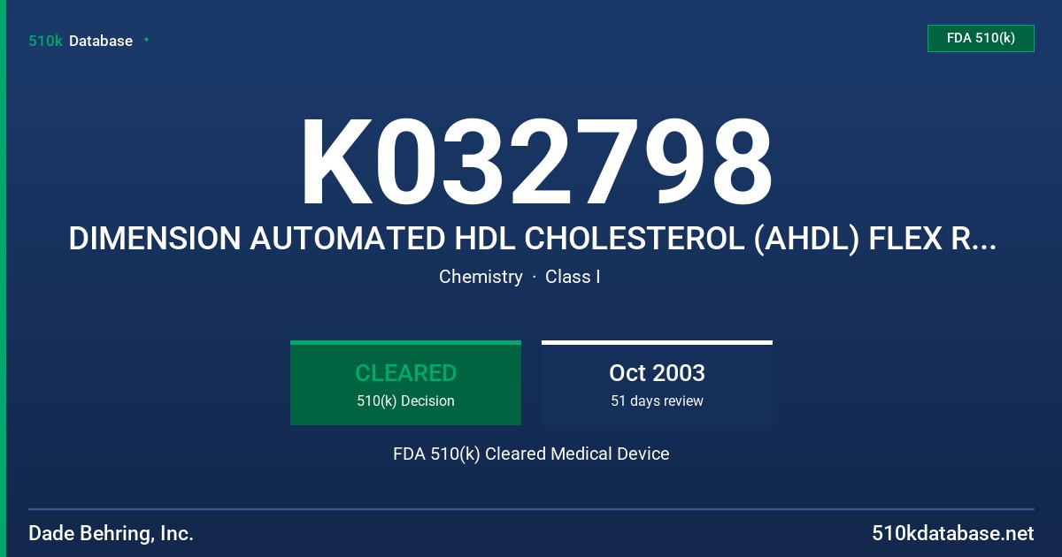 K032798 DIMENSION AUTOMATED HDL CHOLESTEROL (AHDL) FLEX REAGENT CARTRIDGE (DF48A) CATALOG # DF48A FDA 510(k) Cleared Medical Device