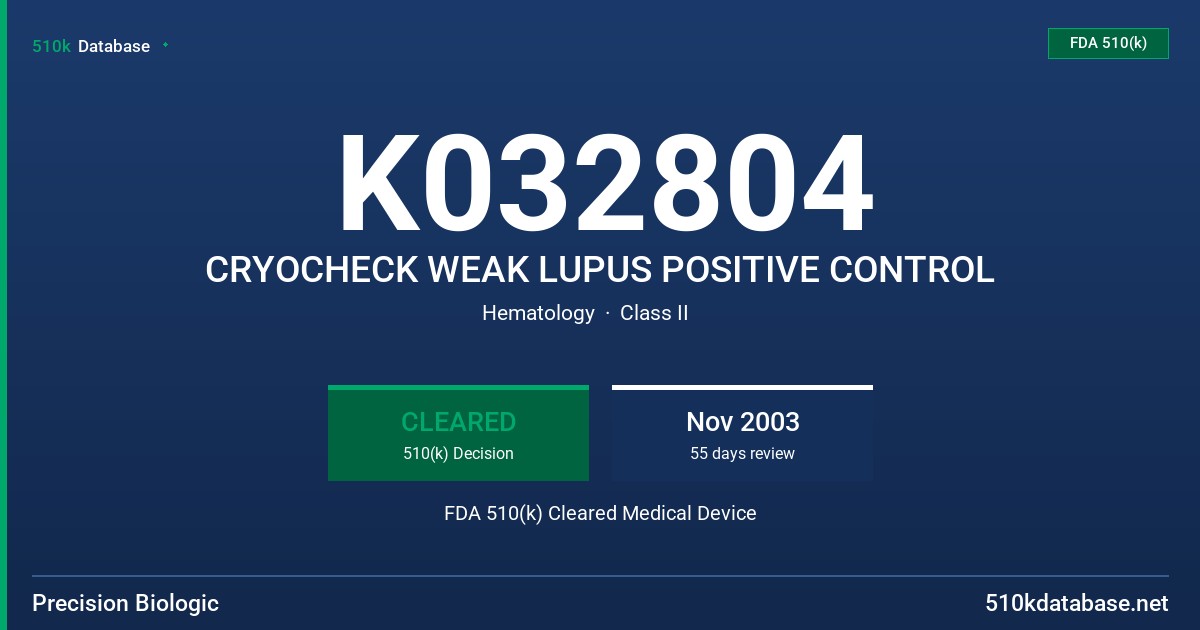 K032804 CRYOCHECK WEAK LUPUS POSITIVE CONTROL FDA 510(k) Cleared Medical Device