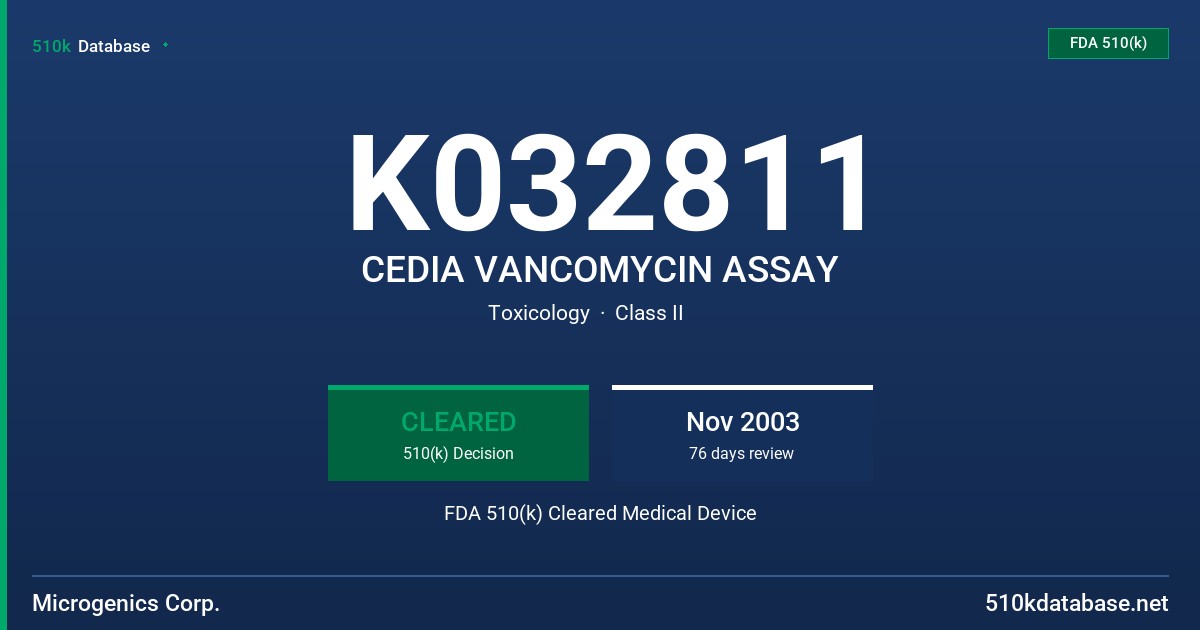 K032811 CEDIA VANCOMYCIN ASSAY FDA 510(k) Cleared Medical Device