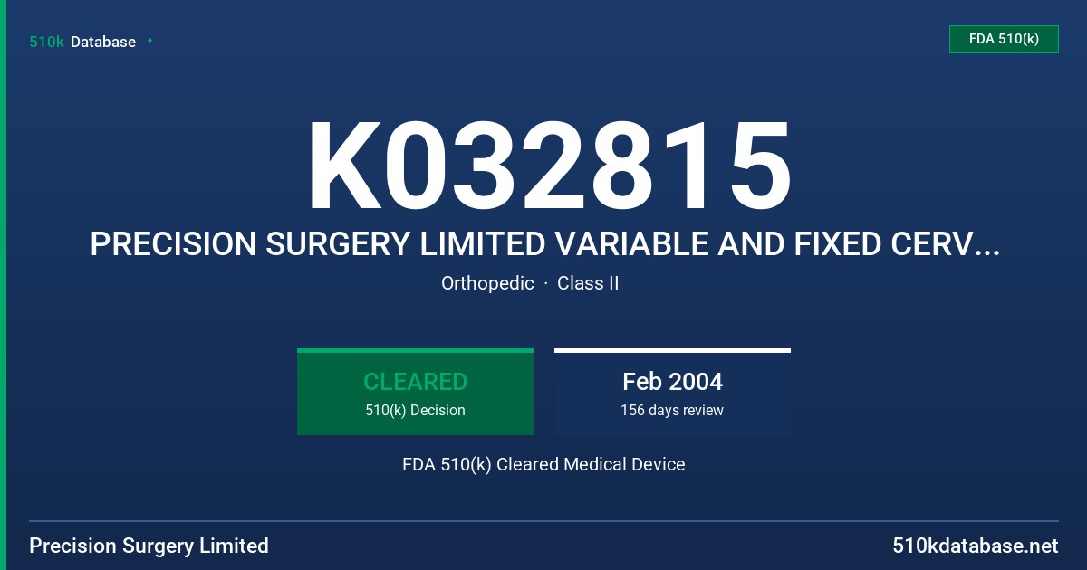 K032815 PRECISION SURGERY LIMITED VARIABLE AND FIXED CERVICAL PLATE SYSTEM FDA 510(k) Cleared Medical Device