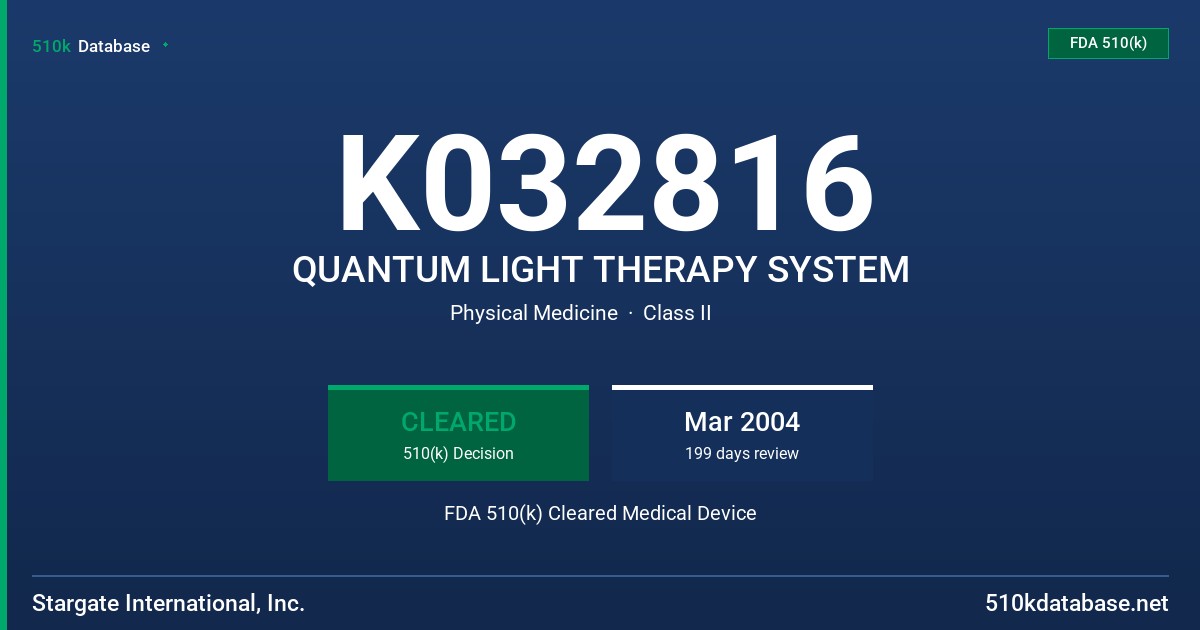 K032816 QUANTUM LIGHT THERAPY SYSTEM FDA 510(k) Cleared Medical Device