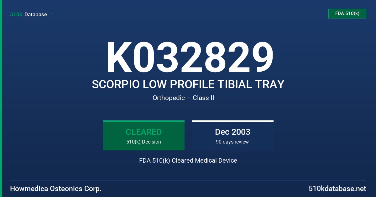 K032829 SCORPIO LOW PROFILE TIBIAL TRAY FDA 510(k) Cleared Medical Device