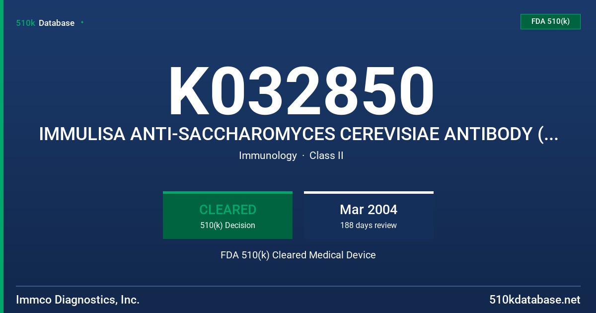 K032850 IMMULISA ANTI-SACCHAROMYCES CEREVISIAE ANTIBODY (ASCA) (IGG) FDA 510(k) Cleared Medical Device