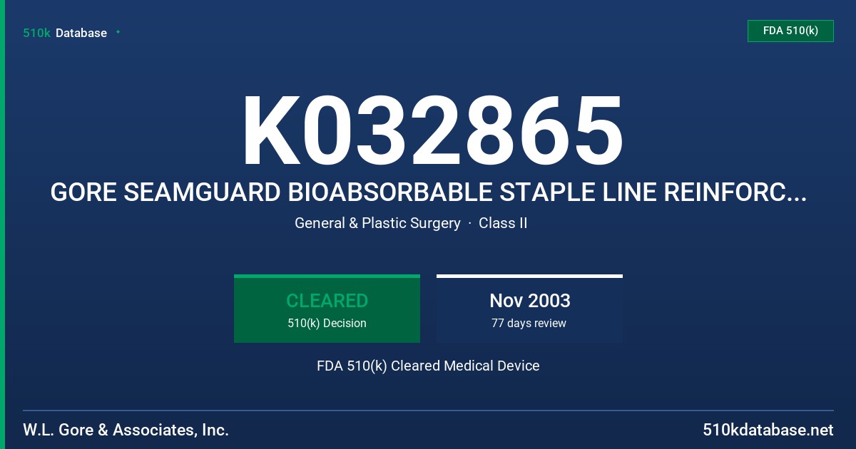 K032865 GORE SEAMGUARD BIOABSORBABLE STAPLE LINE REINFORCEMENT MATERIAL FDA 510(k) Cleared Medical Device