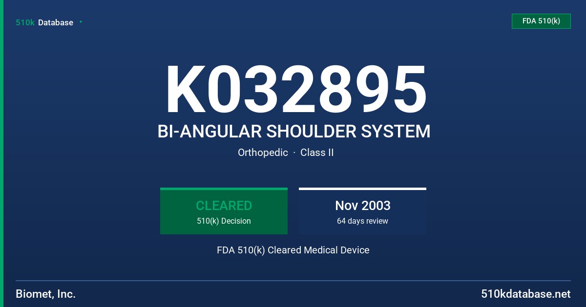 K032895 BI-ANGULAR SHOULDER SYSTEM FDA 510(k) Cleared Medical Device