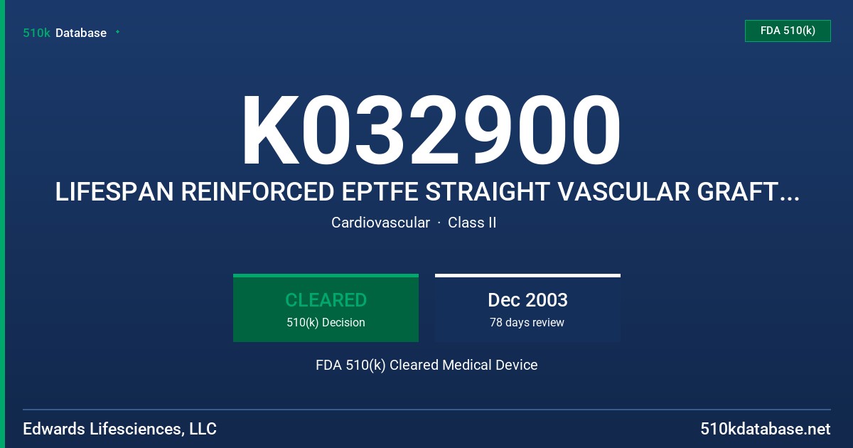 K032900 LIFESPAN REINFORCED EPTFE STRAIGHT VASCULAR GRAFTS, EXTERNALLY SUPPORTED VASCULAR GRAFTS, STEPPED VASCULAR GRAFTS FDA 510(k) Cleared Medical Device